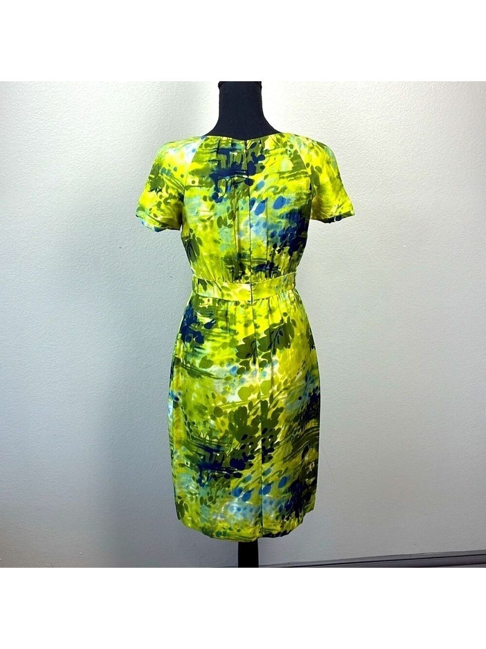 Peter Som Silk Dress Chartreuse Watercolor Print Pockets Pleated  XS - Picture 5 of 10